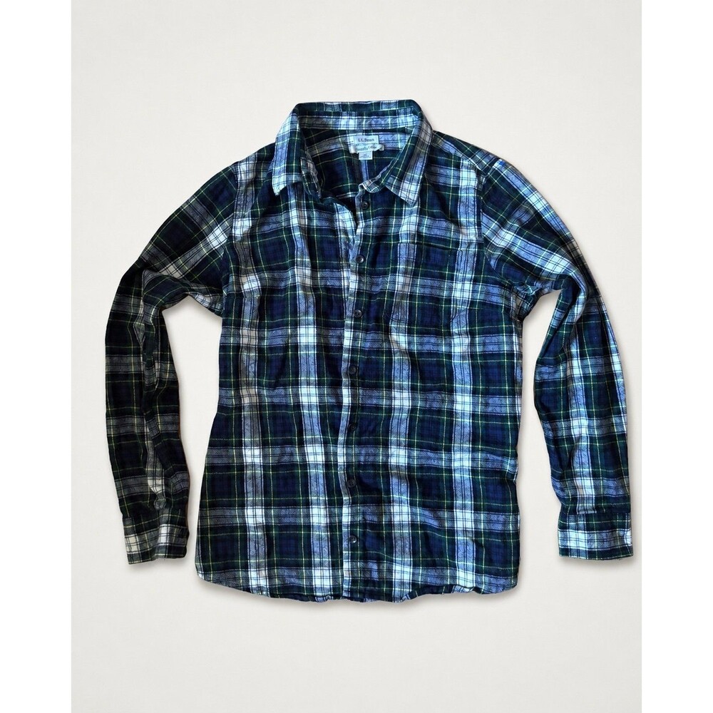 L.L.Bean Men’s Medium Slightly Fitted Flannel Shirt Blue Green Plaid Button Up